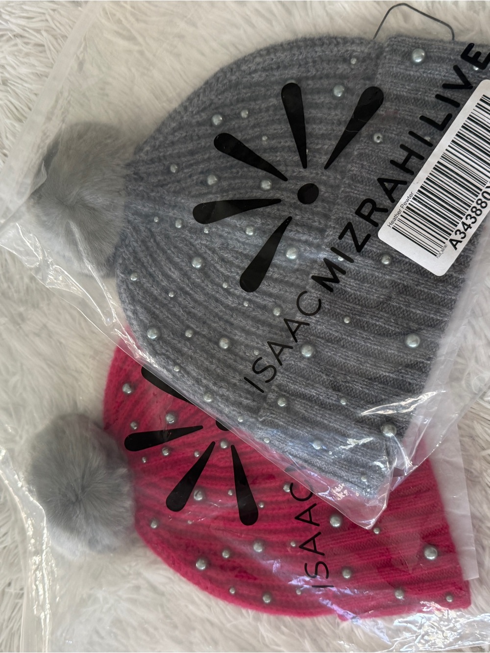 Isaac Mizrahi x 2 100% cashmere Knit Pom Pom Beanies Gray and Pink